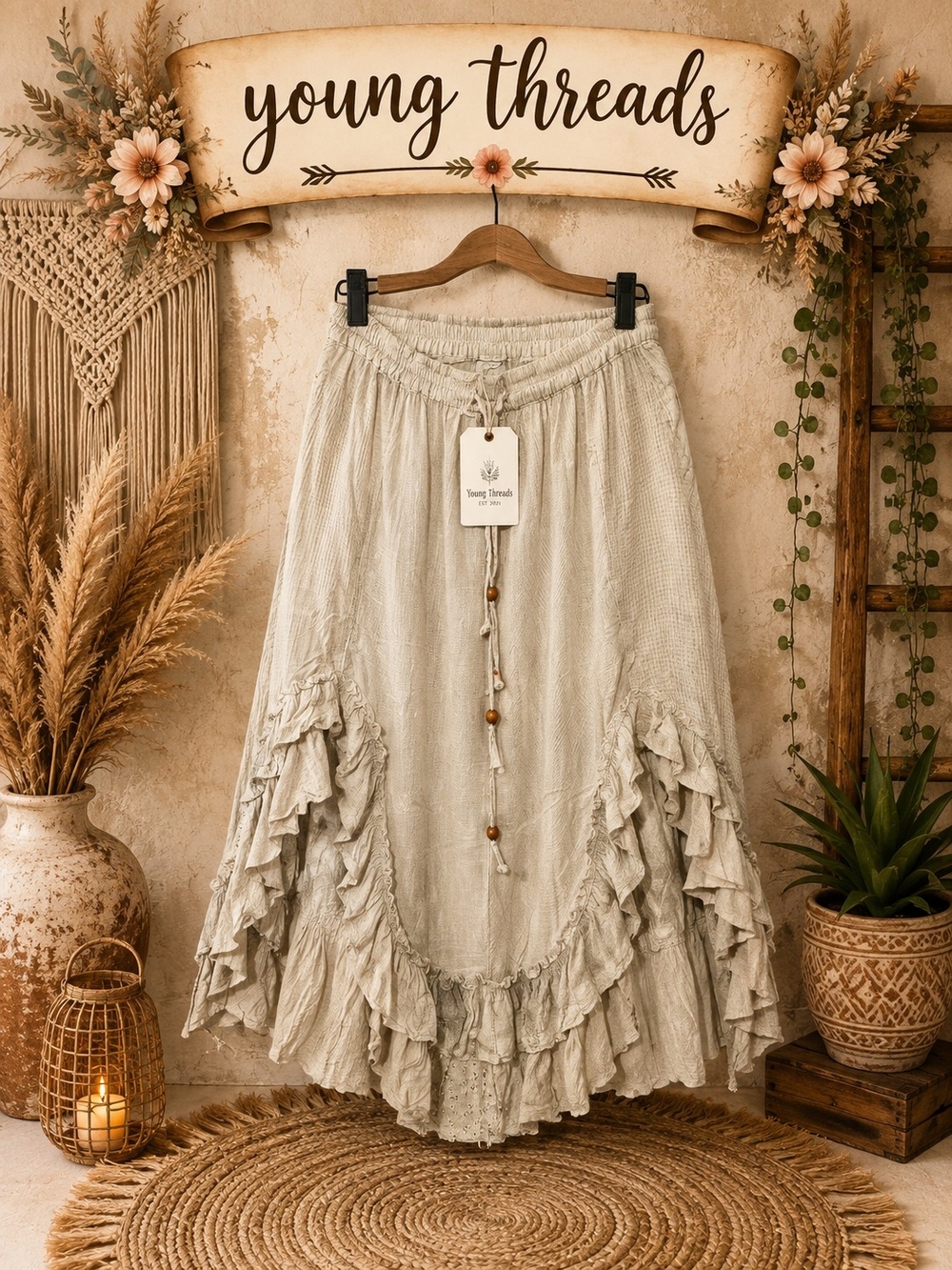 111 Young Threads Cream Ruffle Maxi Skirt with Bead Drawstring